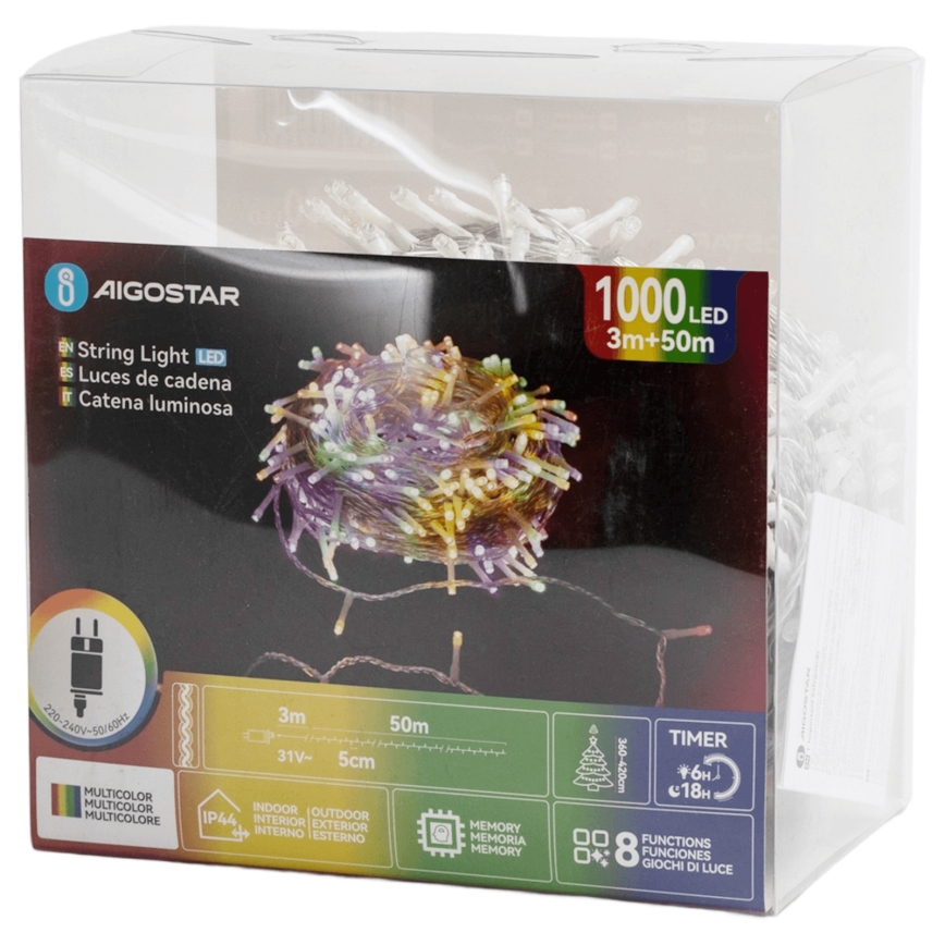 Aigostar - Catena luminosa natalizia LED per esterni 1000 LED/8 funzioni 53 m IP44 multicolore