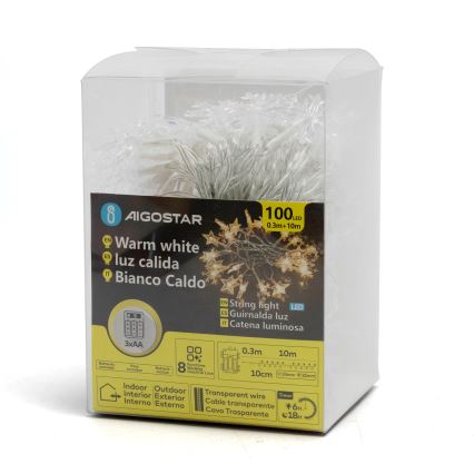 Aigostar - Catena luminosa LED da esterno per Natale 100 LED/8 modalità 3xAA 10m IP44 bianco caldo stelle