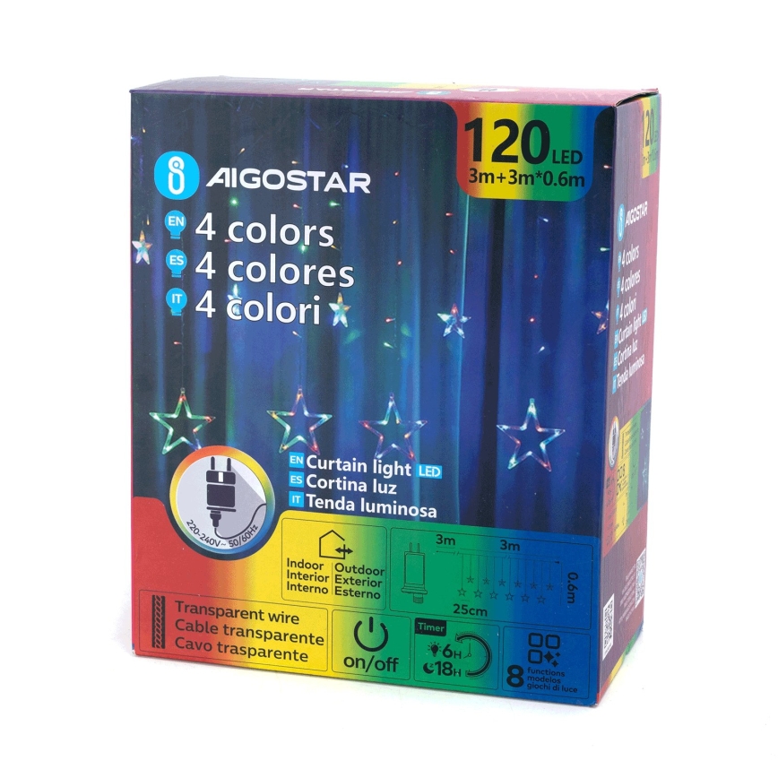 Aigostar - Catena luminosa natalizia a LED per esterni 120 LED / 8 funzioni, 6 x 0,6 m, IP44, multicolore + telecomando