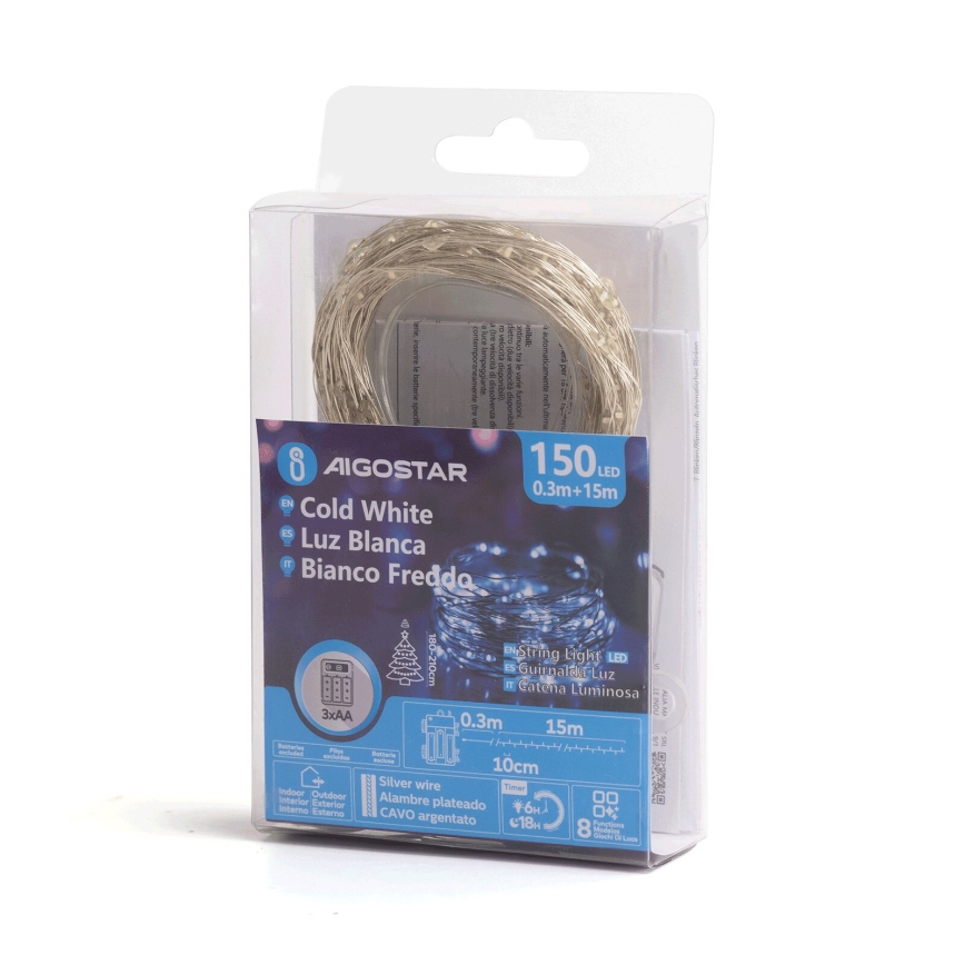 Aigostar - Catena luminosa natalizia LED per esterni 150xLED/8 funzioni/3xAA 15,3 m IP44 bianco freddo