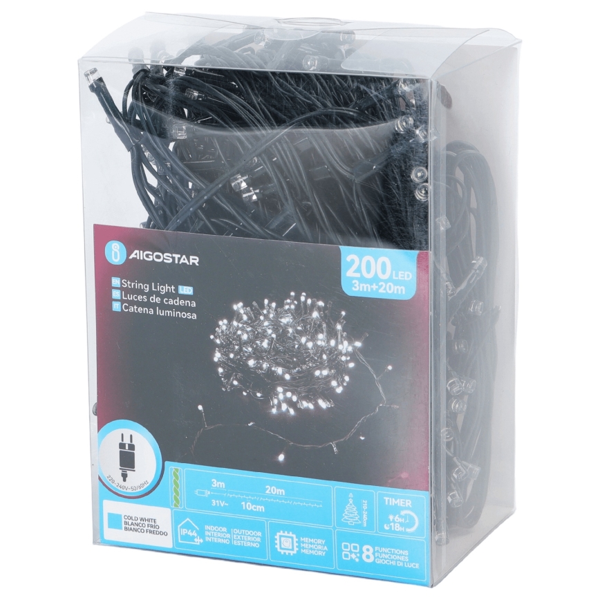 Aigostar - Catena luminosa natalizia LED da esterno 200 LED/8 funzioni 20m IP44 bianco freddo