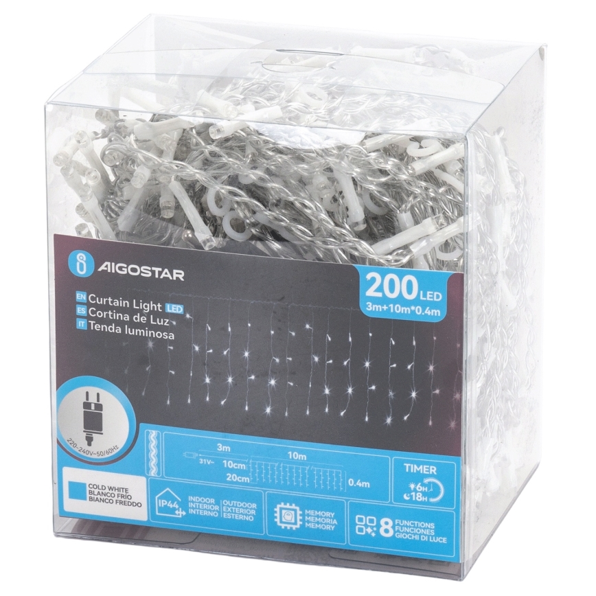 Aigostar - Catena luminosa natalizia LED per esterni 200xLED/3,6W/230V/8 modalità 10x0,4m IP44 bianco freddo