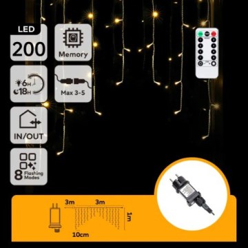 Aigostar - Catena luminosa natalizia LED per esterni 200xLED/6W/230V/8 funzioni 3x1m IP44 bianco caldo + telecomando