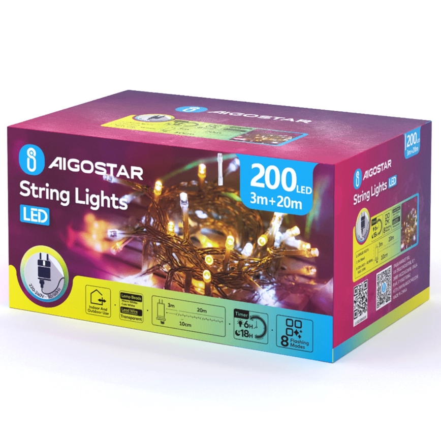 Aigostar - LED Catena luminosa natalizia da esterno 200xLED/8 funzioni 23m IP44 bianco caldo/bianco freddo