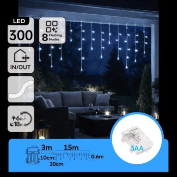 Aigostar - Catena luminosa natalizia LED per esterni 300 LED/8 modalità 3xAA 18x0,6 m IP44 bianco freddo