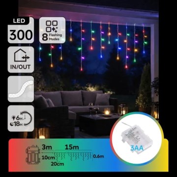 Aigostar - Catena luminosa natalizia LED per esterni 300xLED/8 funzioni 3xAA 18x0,6 m IP44 multicolore