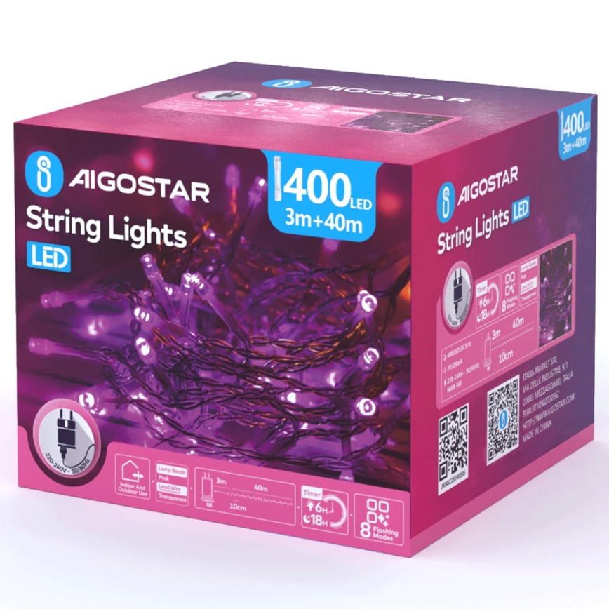 Aigostar - Catena luminosa natalizia LED per esterni 400xLED/8 funzioni 43m IP44 rosa