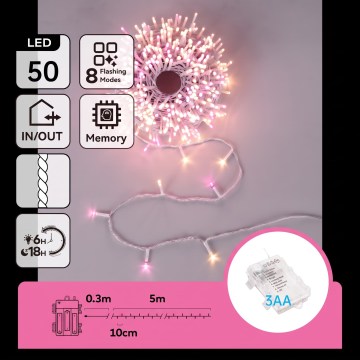 Aigostar - Catena luminosa natalizia LED per esterni 50 LED/8 funzioni 3xAA 5,3m IP44 rosa/bianco caldo