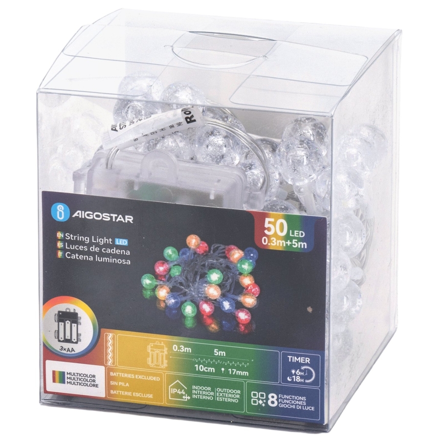 Aigostar - Catena luminosa natalizia LED per esterni 50xLED/8 funzioni 3xAA 5,3m IP44 multicolore