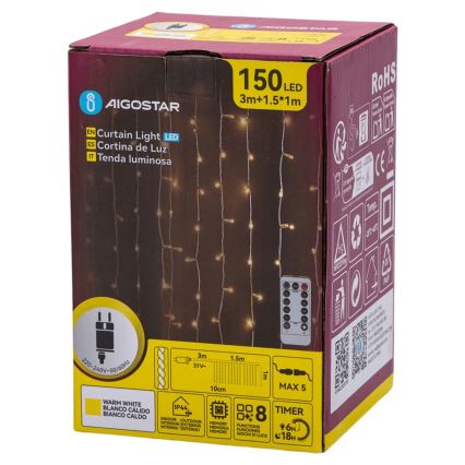Aigostar - LED catena luminosa natalizia da esterno 150xLED/6W/230V/8 funzioni 1,5x1m IP44 bianco caldo + telecomando