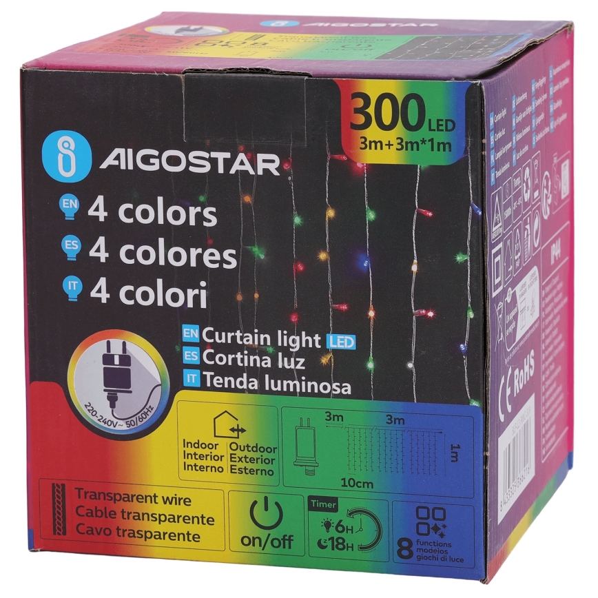 Aigostar - Catena di luci natalizie LED RGBY per esterni 300xLED/8 funzioni 3x1m IP44 + telecomando
