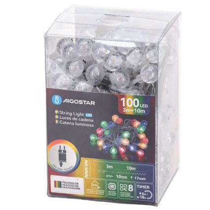 Aigostar - Catena luminosa natalizia per esterni 100xLED/8 funzioni 13m IP44 multicolore