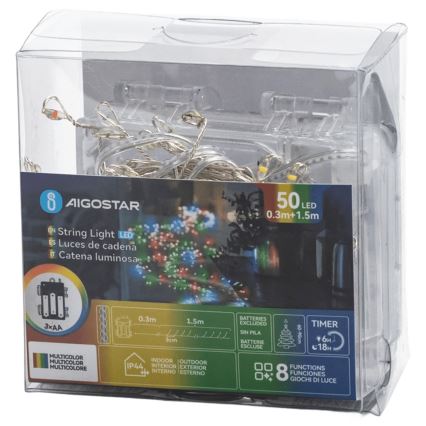Aigostar - Catena luminosa natalizia per esterni 50 LED/8 funzioni 3xAA 1,8m IP44 multicolore