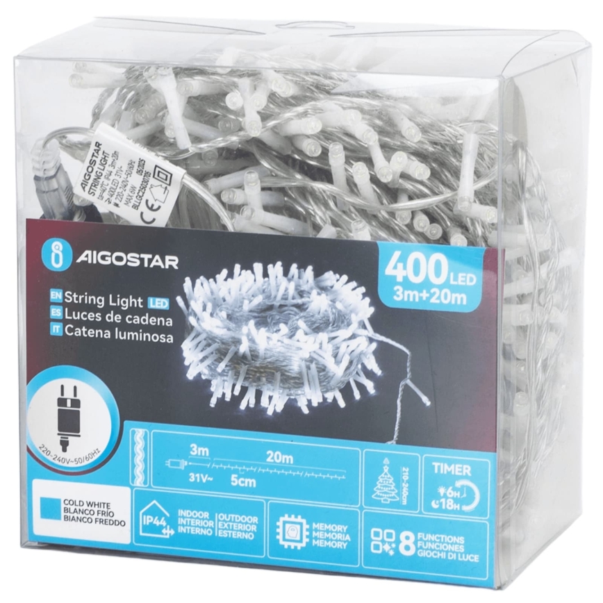 Aigostar - Catena luminosa natalizia per esterni a LED 400xLED/8 funzioni 23m IP44 bianco freddo