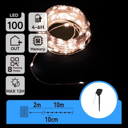 Aigostar - Catena luminosa solare LED 100xLED/8 funzioni 12m IP65 800 mAh bianco freddo