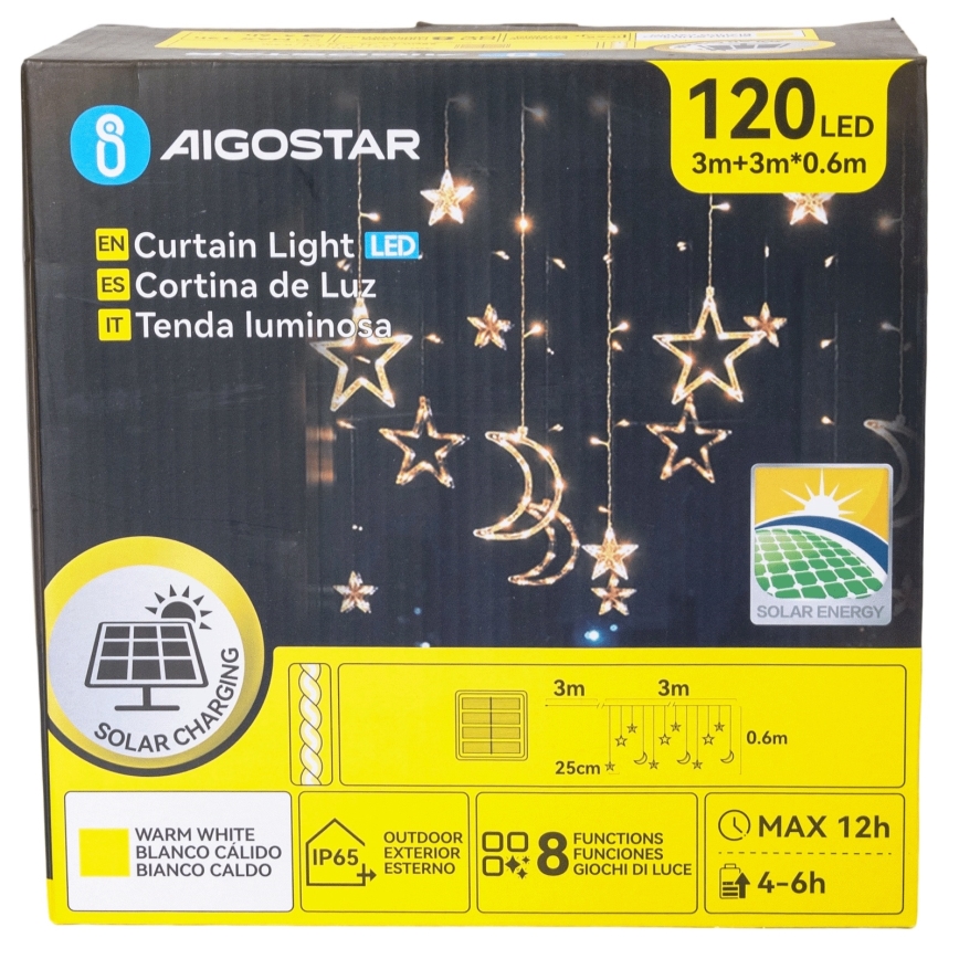 Aigostar - Catena luminosa solare a LED 120xLED/8 funzioni 3x0,6m 500 mAh IP65 bianco caldo