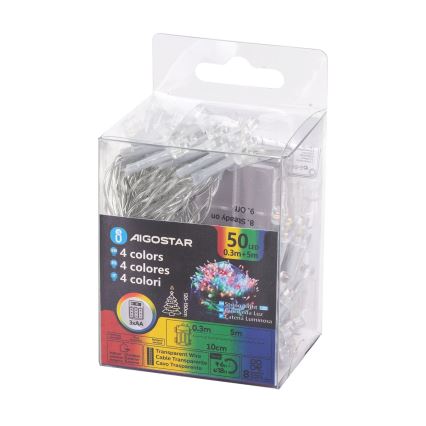 Aigostar - Catena luminosa per esterni a LED, 50 LED, 8 modalità, alimentazione 3xAA, 5,3 m, IP44, multicolore