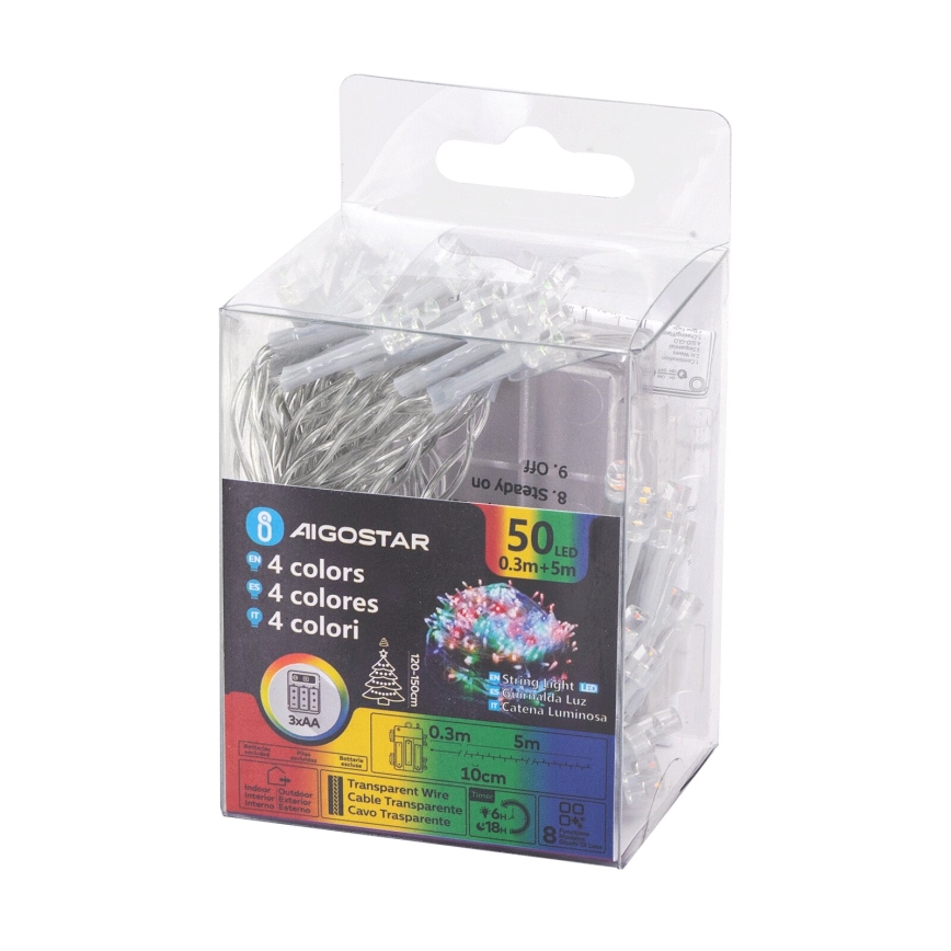 Aigostar - Catena luminosa per esterni a LED, 50 LED, 8 modalità, alimentazione 3xAA, 5,3 m, IP44, multicolore