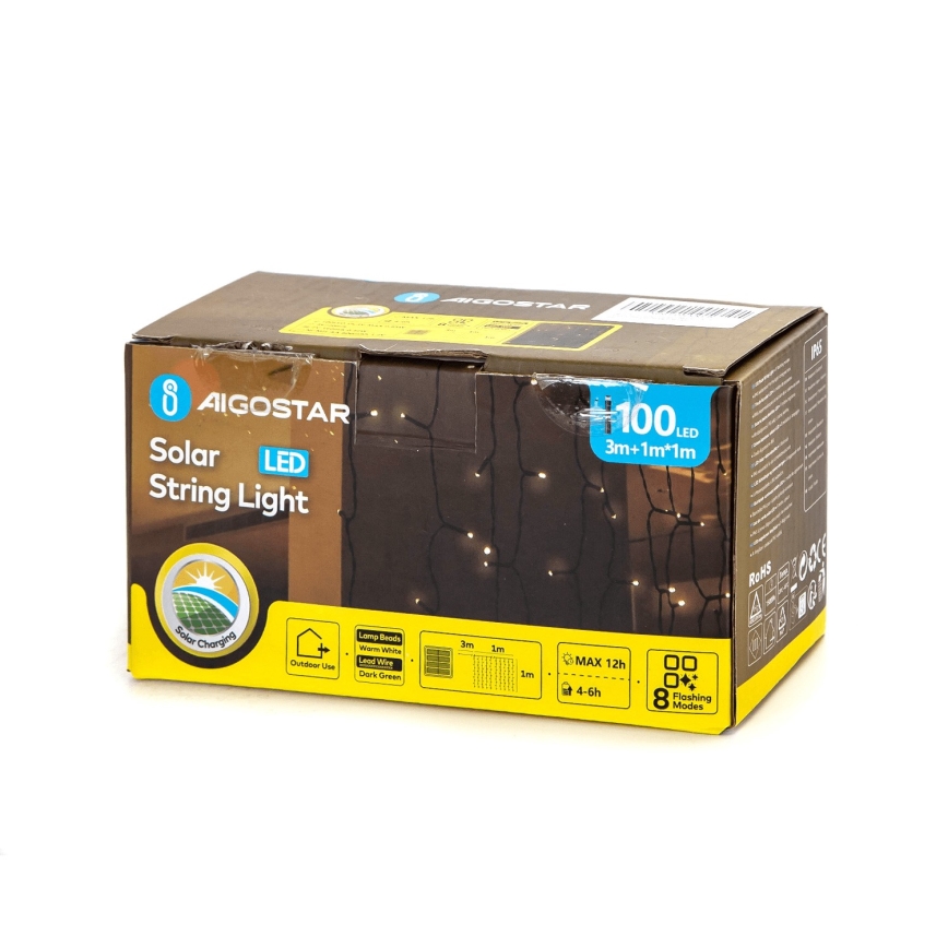 Aigostar - Catena solare LED 100xLED/8 funzioni 4x1m IP65 bianco caldo 800 mAh