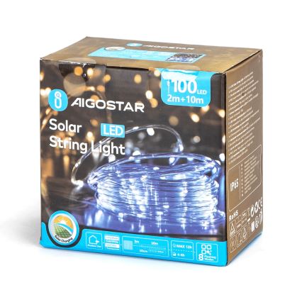 Aigostar - Catena solare a LED 100 LED/8 funzioni 12 m IP65 bianco freddo 800 mAh