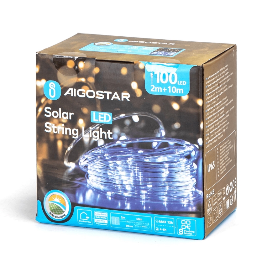 Aigostar - Catena solare a LED 100 LED/8 funzioni 12 m IP65 bianco freddo 800 mAh