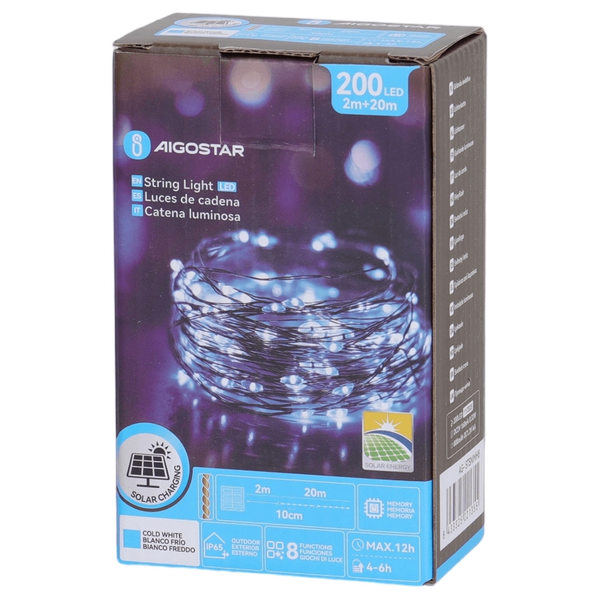 Aigostar - Catena luminosa solare a LED 200 LED / 8 funzioni, 22 m, IP65, bianco freddo, 800 mAh