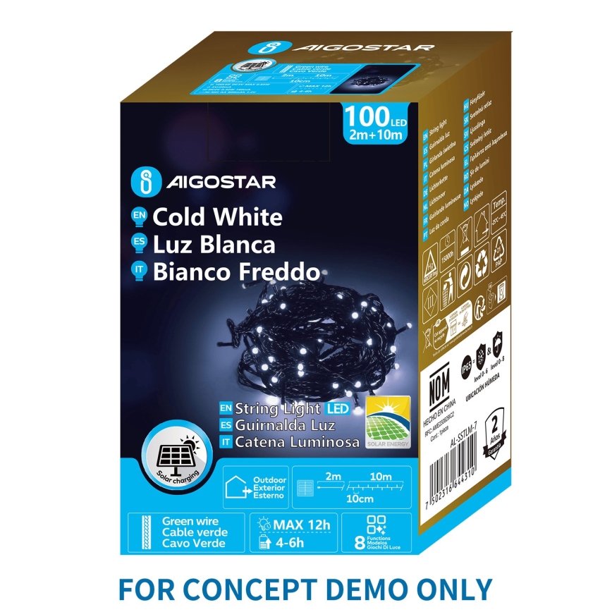 Aigostar - LED catena luminosa solare per Natale 300xLED/8 funzioni 32m IP65 bianco freddo 1200 mAh