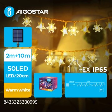 Aigostar - Catena luminosa solare a LED, 50 LED, 8 funzioni, 12 m, 800 mAh, IP65, bianco caldo