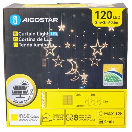 Aigostar - Catena luminosa solare natalizia 120 LED / 8 funzioni, 3×0,6 m, 500 mAh, IP65, bianco caldo