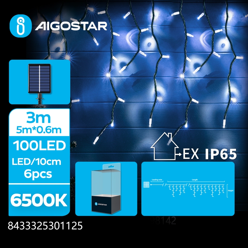 Aigostar - Catena LED solare 100xLED/8 funzioni 8x0,6 m 500 mAh IP65 bianco freddo