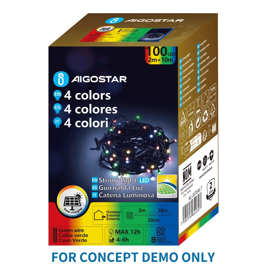 Aigostar - Catena luminosa natalizia solare a LED 200 LED/8 funzioni, 22 m, IP65, multicolore, 800 mAh