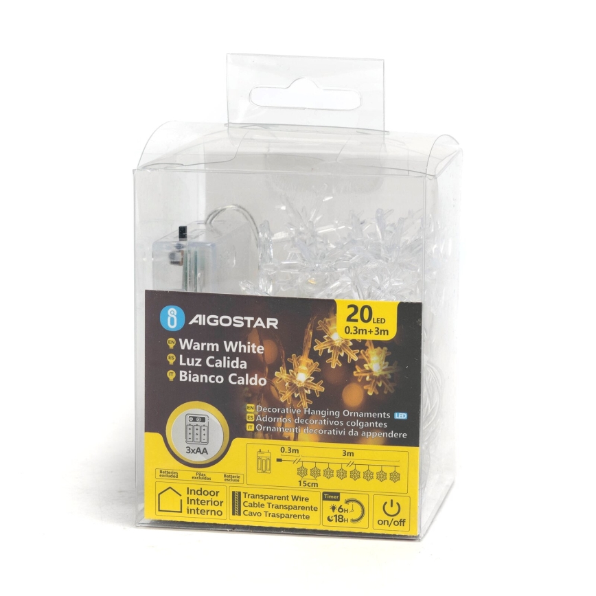 Aigostar - Catena natalizia LED 20xLED/3xAA 3,3m fiocchi di neve
