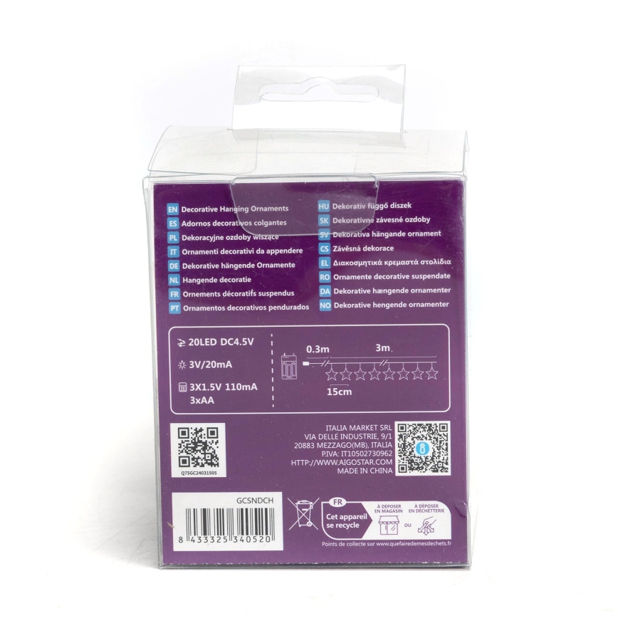 Aigostar - Catena natalizia LED 20xLED/3xAA 3,3m stelle