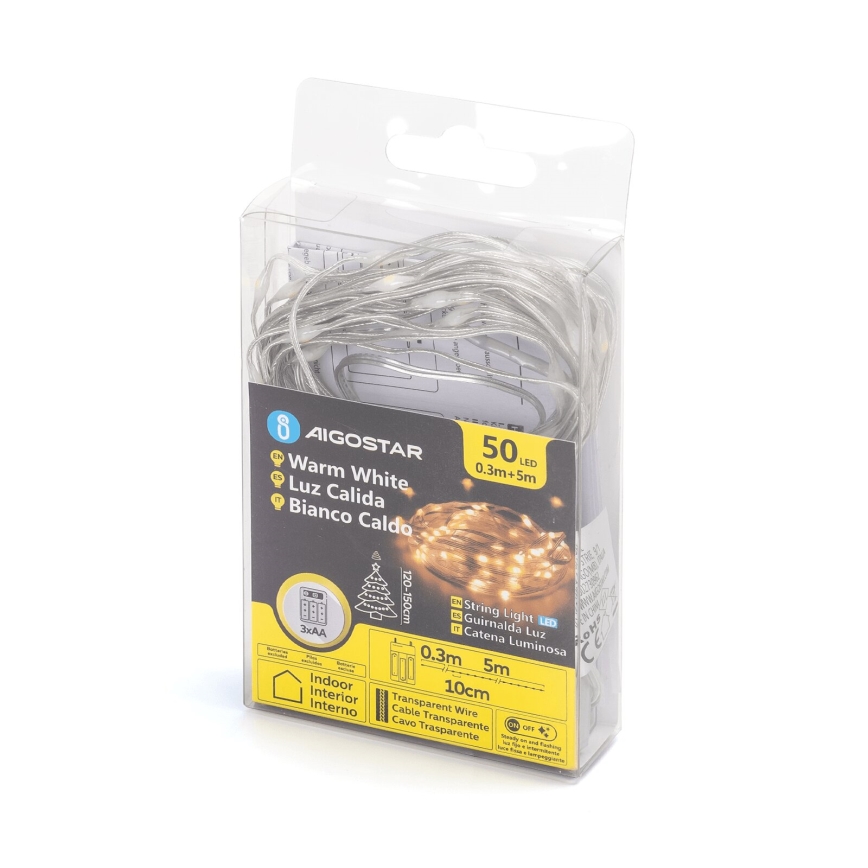 Aigostar - Catena natalizia LED 50xLED/3xAA 5,3m bianco caldo