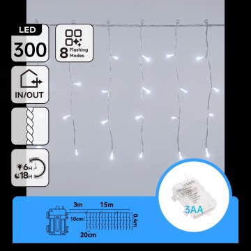 Aigostar - Catena natalizia LED per esterni 300 LED/8 funzioni 3xAA 18x0,4m IP44 bianco freddo
