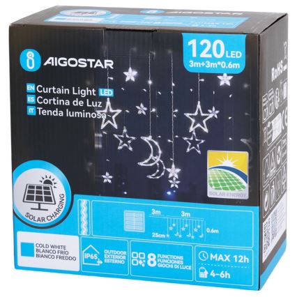 Aigostar - Catena solare a LED 120xLED/8 funzioni 3x0,6m 500 mAh IP65 bianco freddo