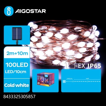 Aigostar - Catena solare a LED 100xLED/8 funzioni 12m IP65 800 mAh bianco freddo
