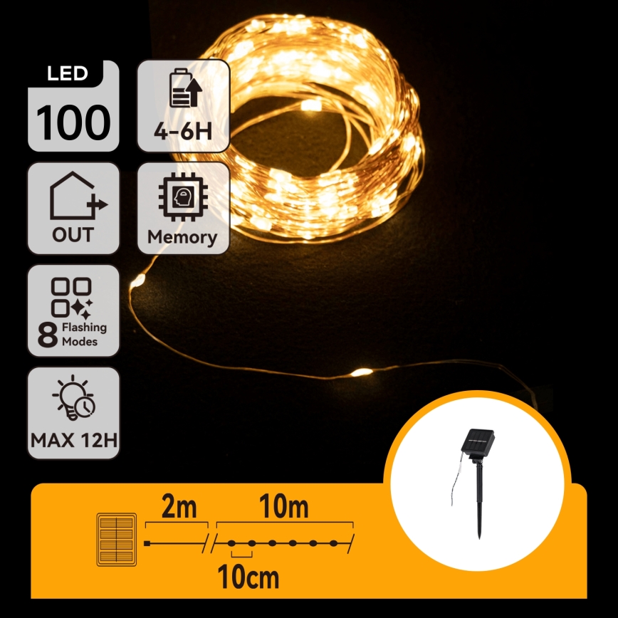 Aigostar - Catena luminosa solare a LED 100 LED / 8 funzioni, 12 m, 800 mAh, IP65, bianco caldo