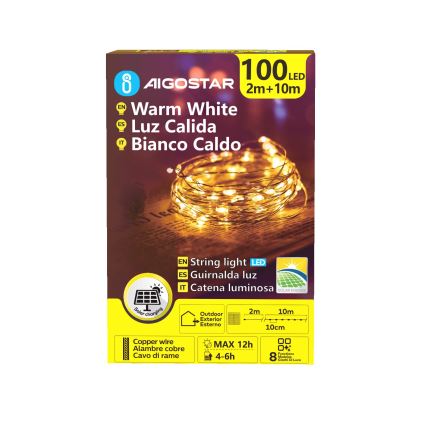 Aigostar - Catena luminosa solare a LED 100 LED / 8 funzioni, 12 m, 800 mAh, IP65, bianco caldo