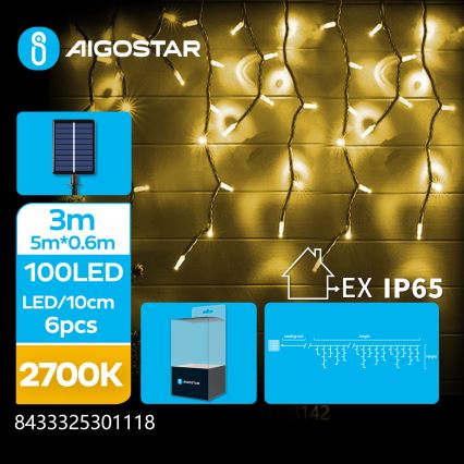 Aigostar - Catena luminosa solare a LED 100 LED/8 funzioni 8×0,6 m 800 mAh IP65 bianco caldo