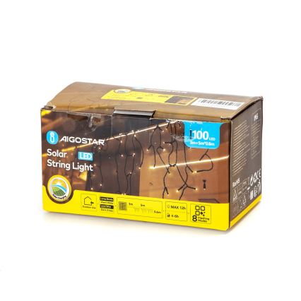 Aigostar - Catena luminosa solare a LED 100 LED/8 funzioni 8×0,6 m 800 mAh IP65 bianco caldo