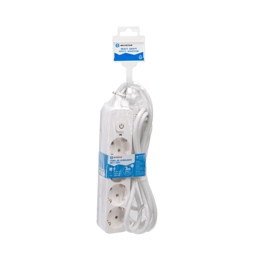Aigostar - Prolunga con interruttore 4 prese Tipo F 3m SCHUKO bianco