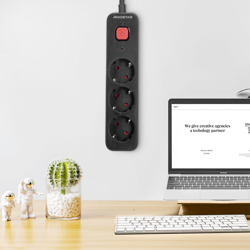 Aigostar - Prolunga con interruttore 3P Tipo F 1,5m SCHUKO nero