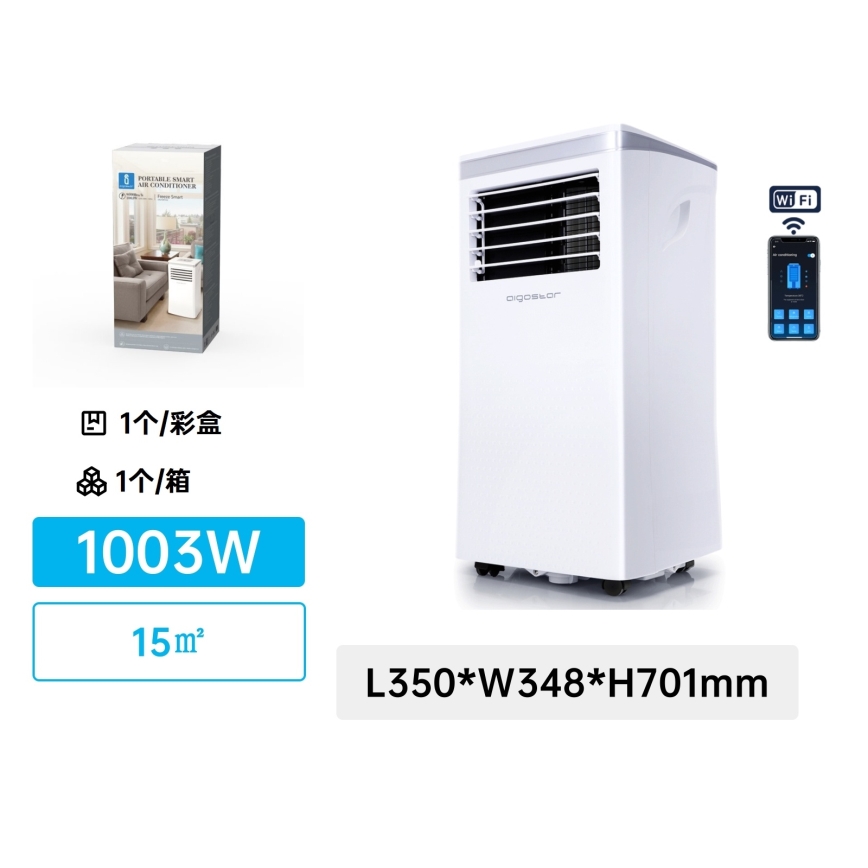 Aigostar - Condizionatore portatile intelligente 3 in 1 1003W/230V 9000 BTU Wi-Fi bianco + telecomando