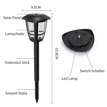 Aigostar - Set da 12 lampade solari a LED LED/0,06W/2V 33,8 cm 6500K 100 mAh IP44 nere