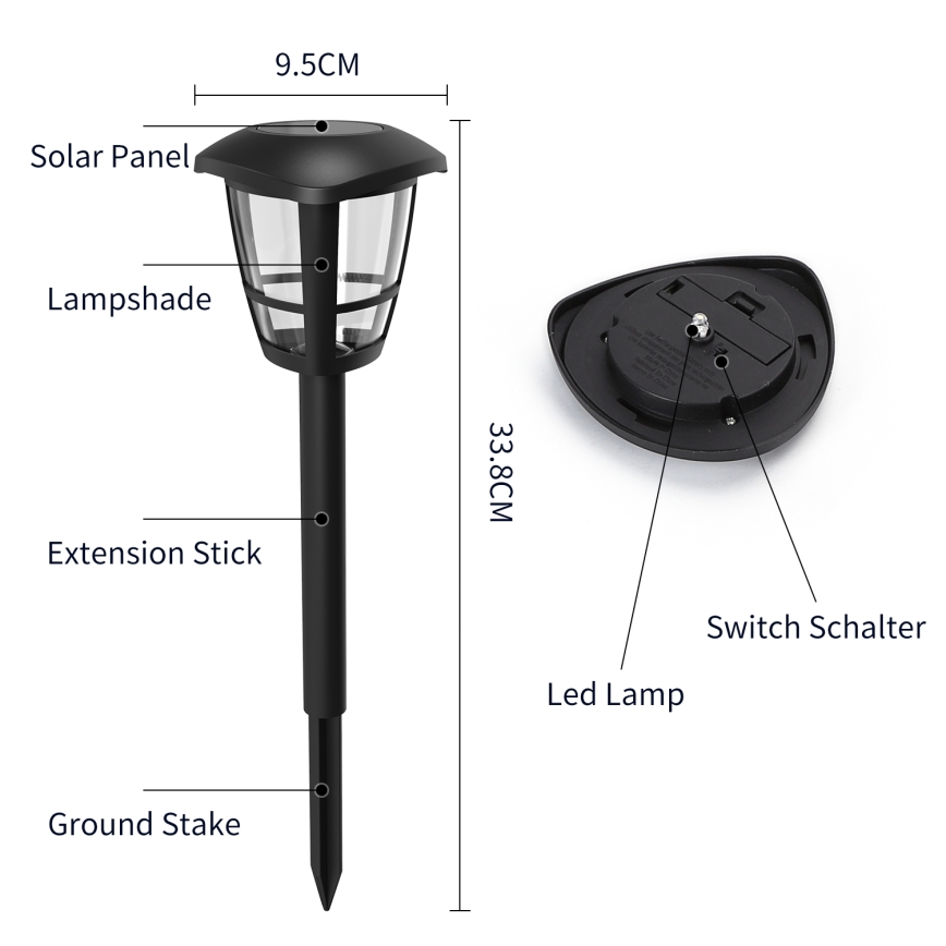 Aigostar - Set da 12 lampade solari a LED LED/0,06W/2V 33,8 cm 6500K 100 mAh IP44 nere