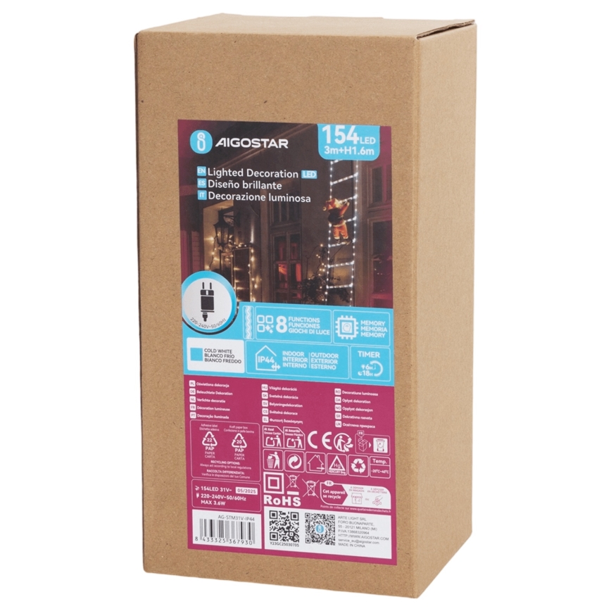 Aigostar - Decorazione natalizia LED per esterni 154xLED/8 funzioni 1,6m IP44 bianco freddo