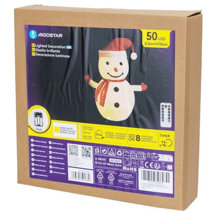 Aigostar - Decorazione natalizia LED da esterno 50xLED/3xAA 0,7m IP44 pupazzo di neve con telecomando