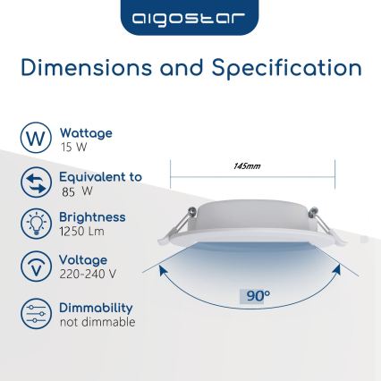 Aigostar - Plafoniera da incasso per bagno LED/15W/230V 4000K IP44 Ø 14,5 cm bianca