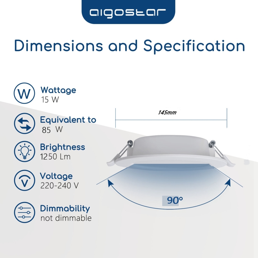 Aigostar - Plafoniera da incasso per bagno LED/15W/230V 4000K IP44 Ø 14,5 cm bianca